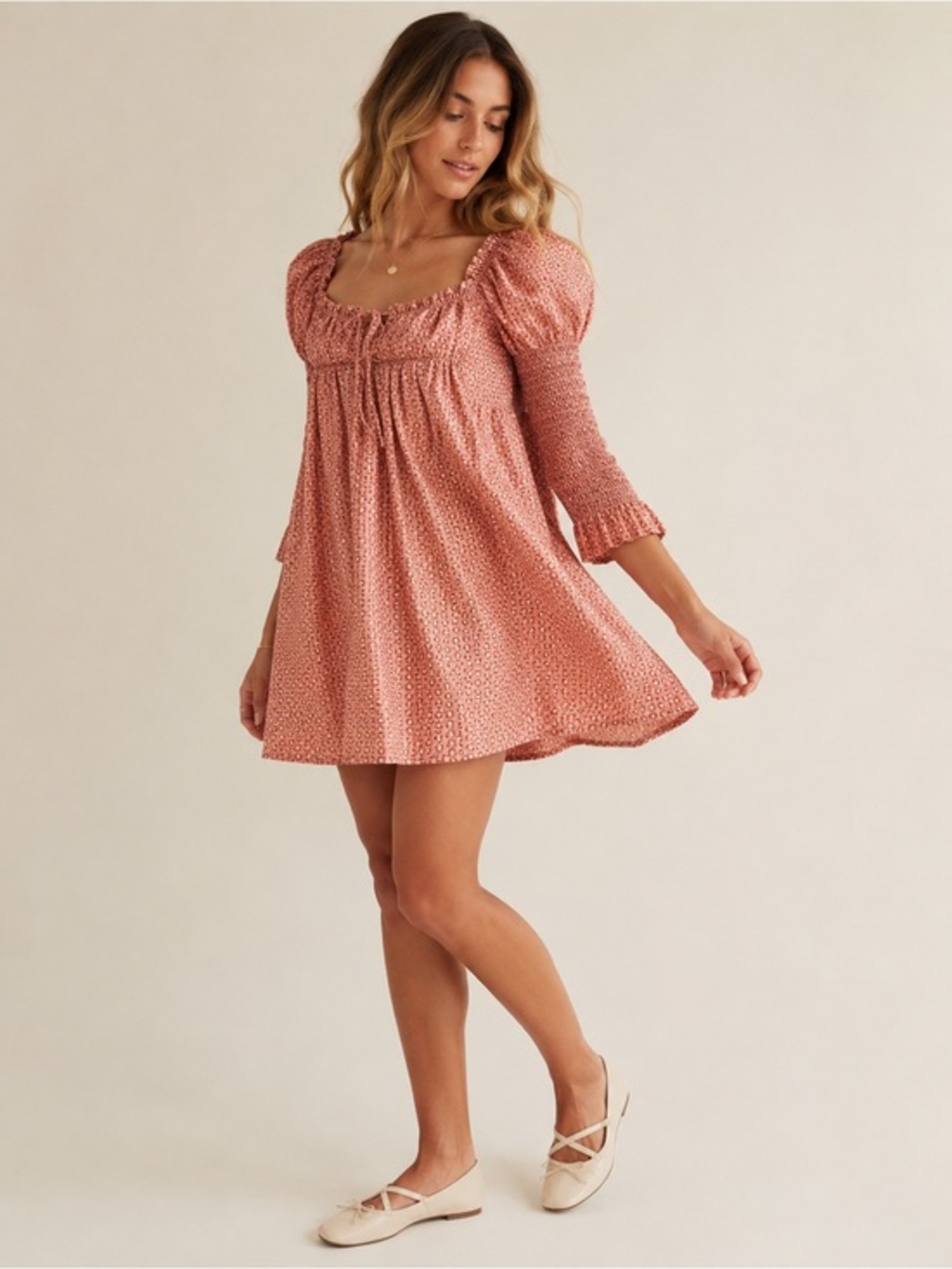 Free People Women Rose Mini Dress Smocked Square Neck Long Sleeve Size S NWT